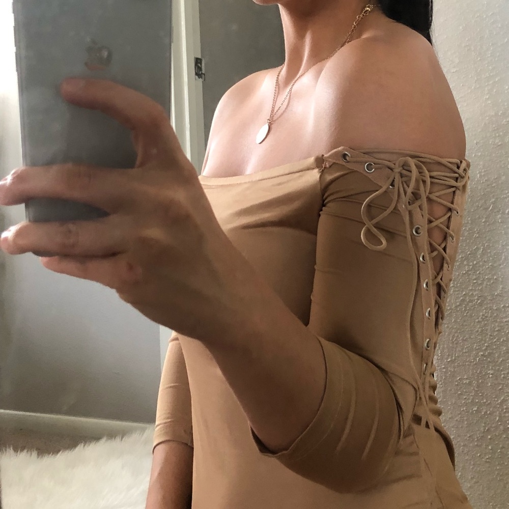 Off the shoulder Nude Lace Up Sleeve Bodysuit